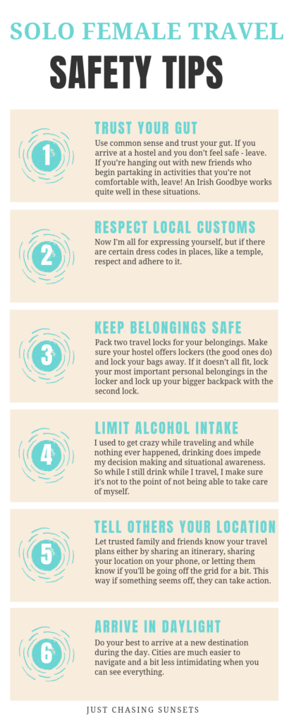 Infographic, solo female travel safety tips