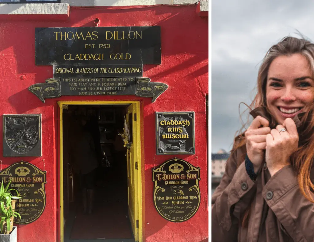 Thomas Dillon's store front and me happily wearing my Claddagh