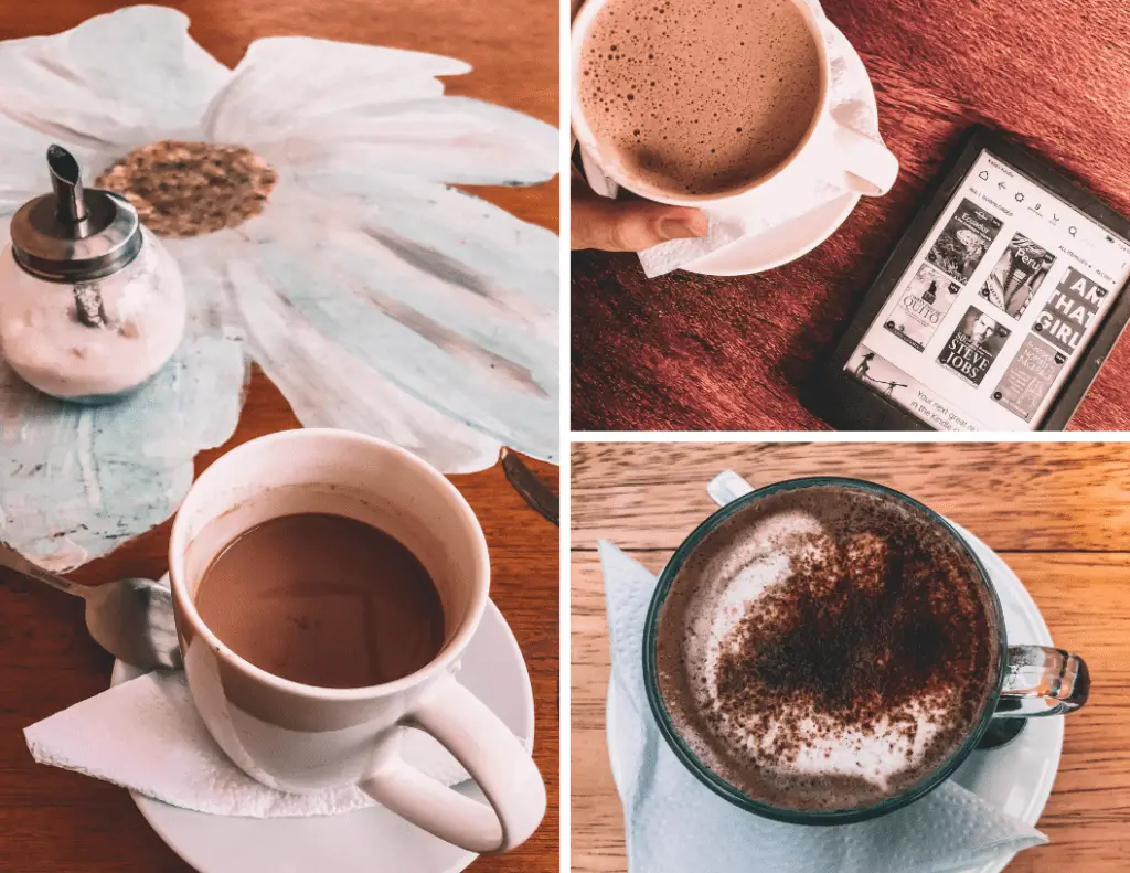 photos of three different cups of hot chocolate I drank in Quito