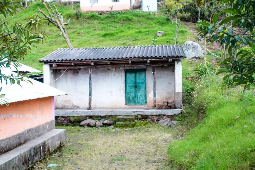 a tiny house with a blue door