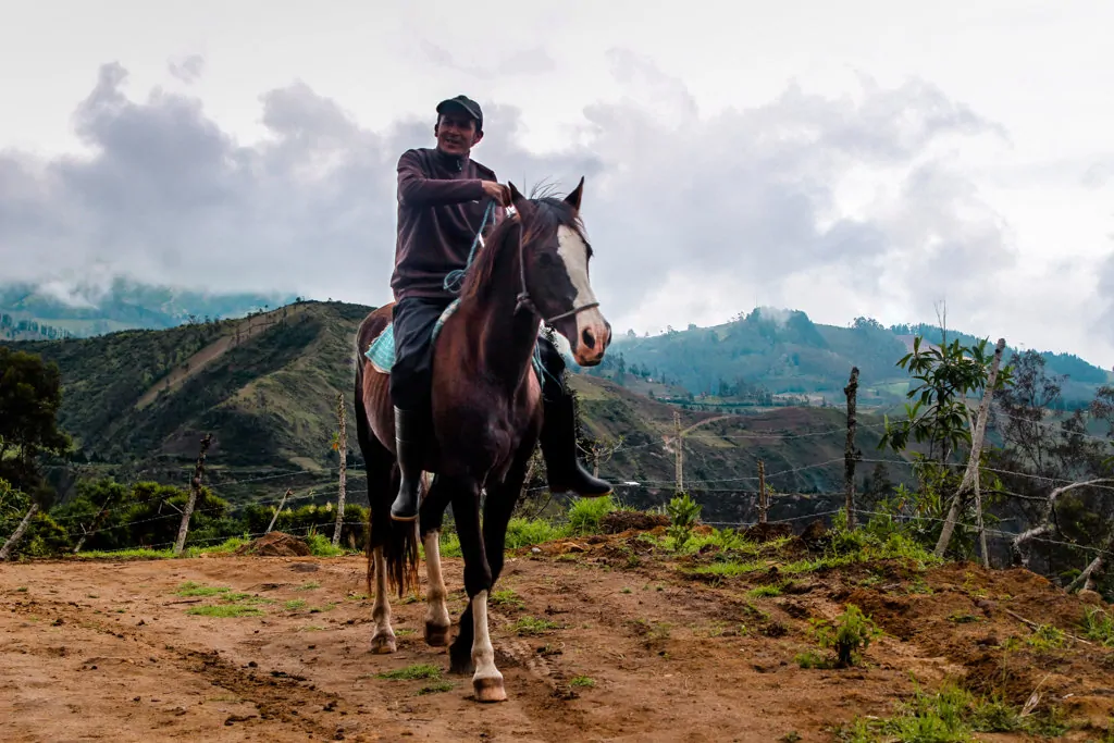 an ecuadorian man riding a horse