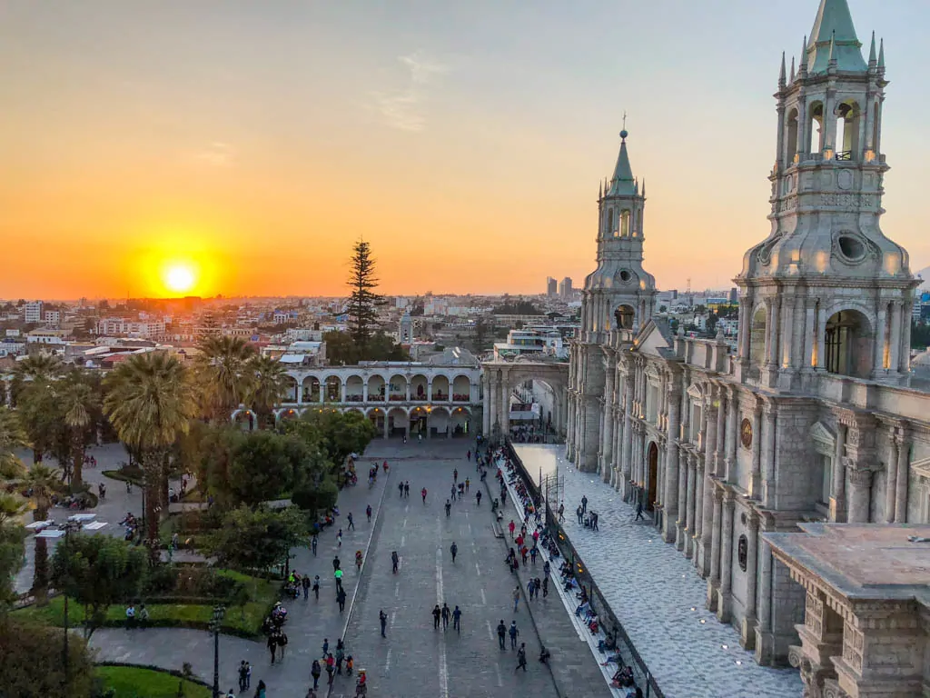 Sunset in the Plaza de Armas in Arequipa