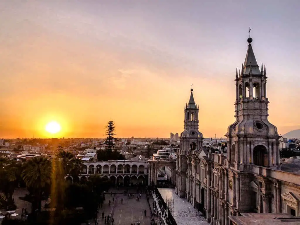 sunset over plaza de armas in Arequipa