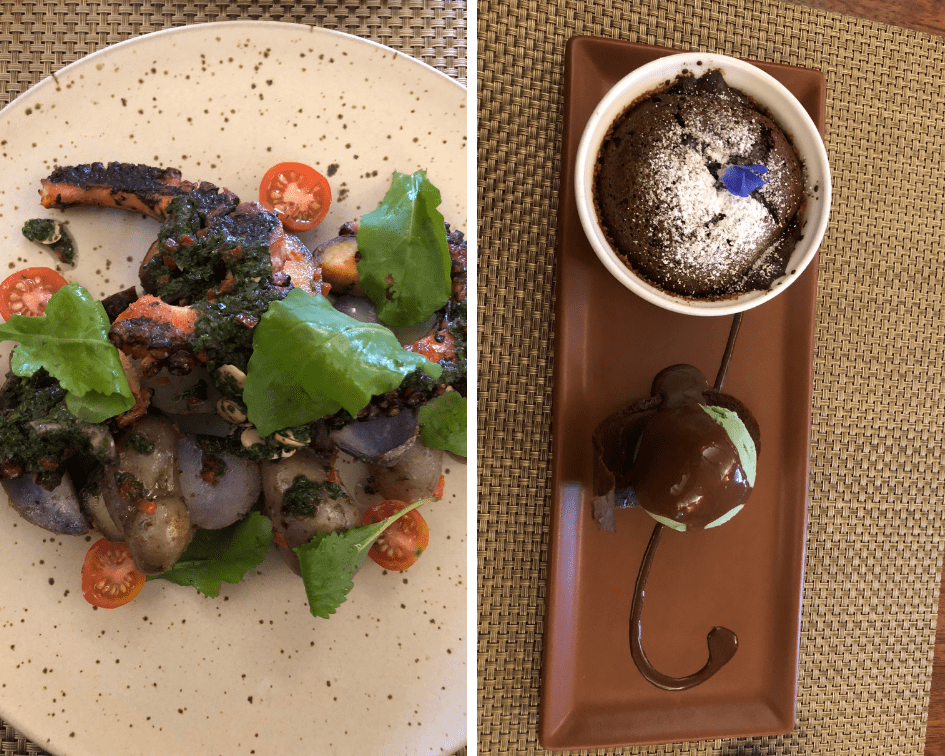 Pulpo Salad and Chocolate mousse with ice cream for dinner at Chicha in Cusco Peru