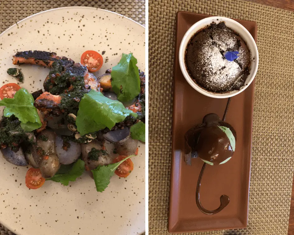 Pulpo Salad and Chocolate mousse with ice cream for dinner at Chicha in Cusco Peru