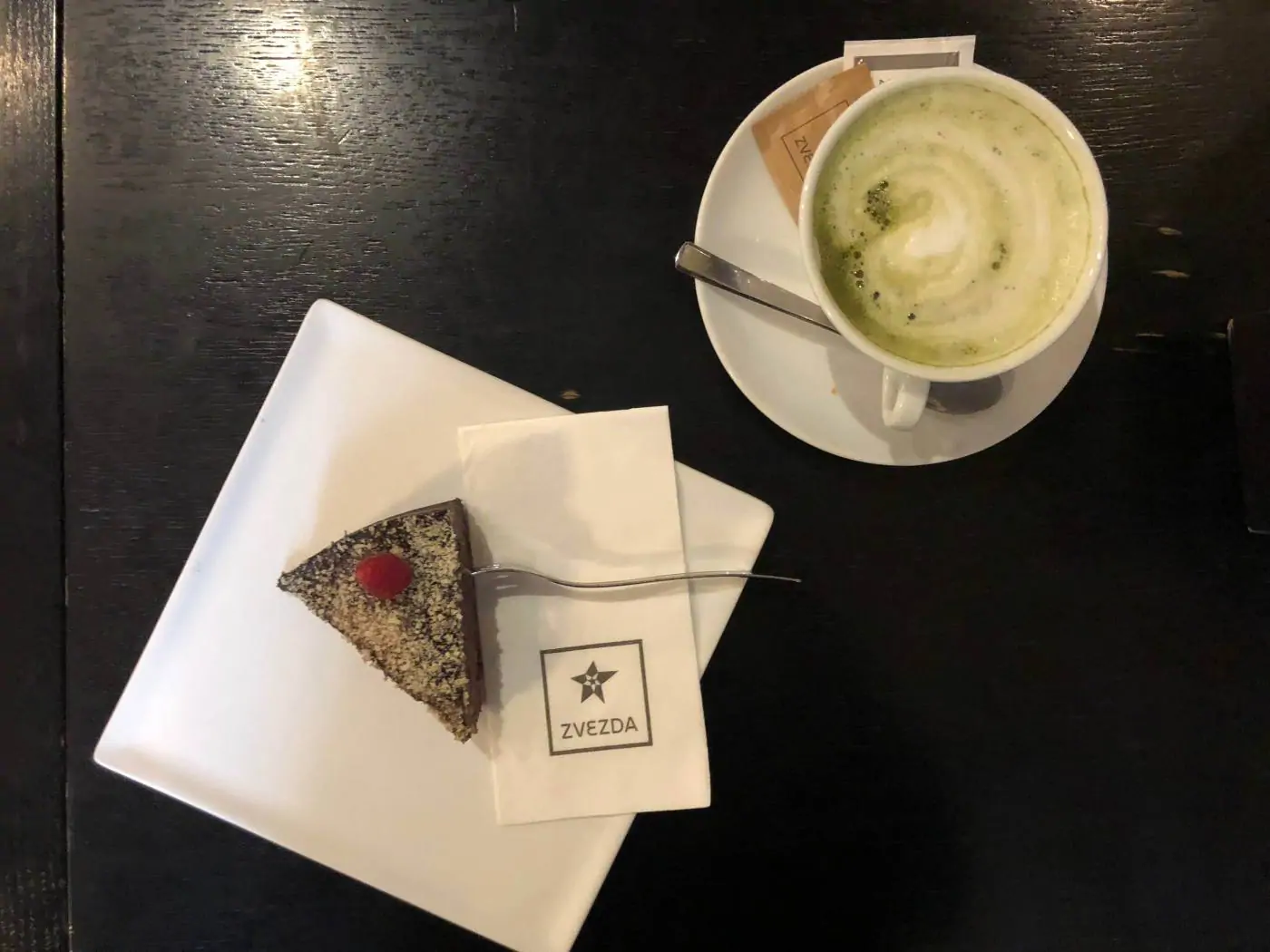 A Matcha Latte and Raw Cake from Zvevda in Ljubljana