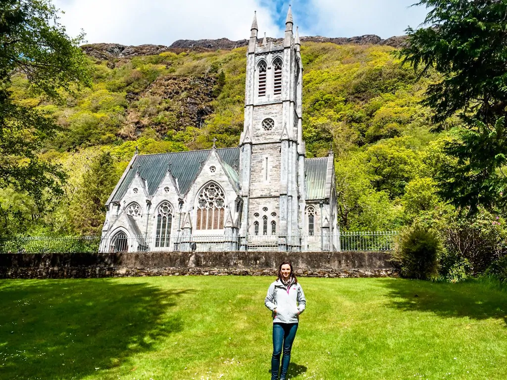 Me standing in front of the Gothic Church at Kylemore Abbey