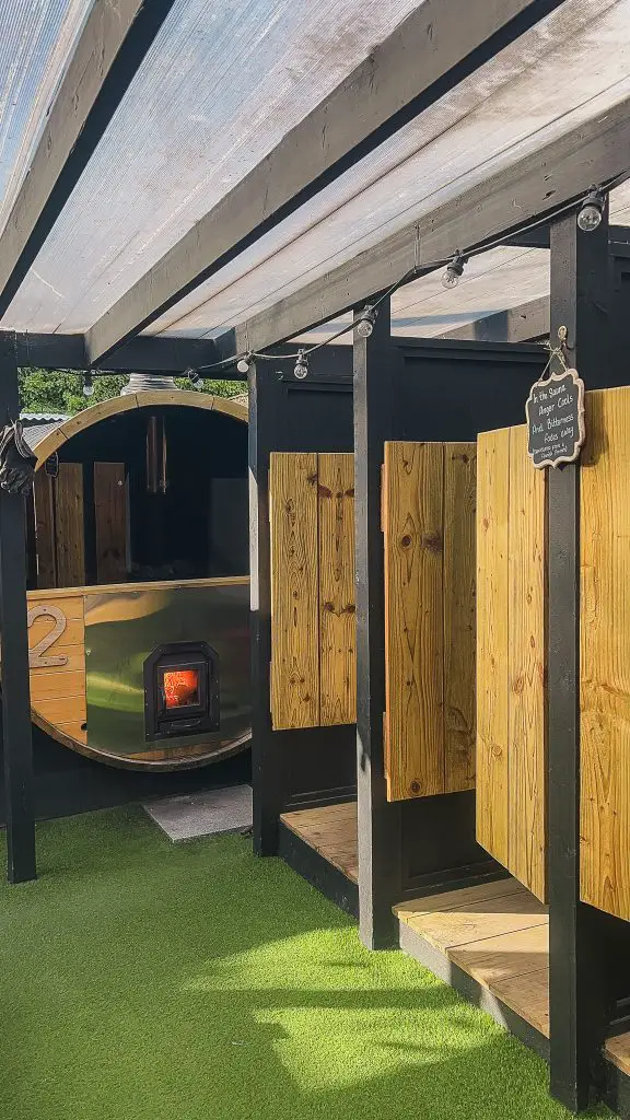 Sauna and changing rooms at the Barrel Sauna in Greystones, Ireland.