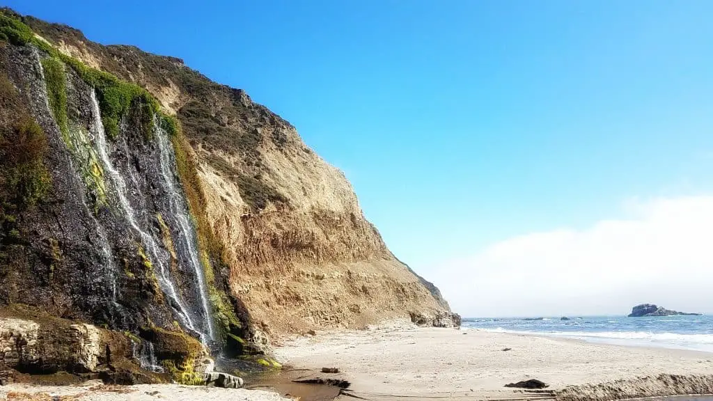 Alamere Falls waterfall leading into the Pacific Ocean in Point Reyes National Seashore