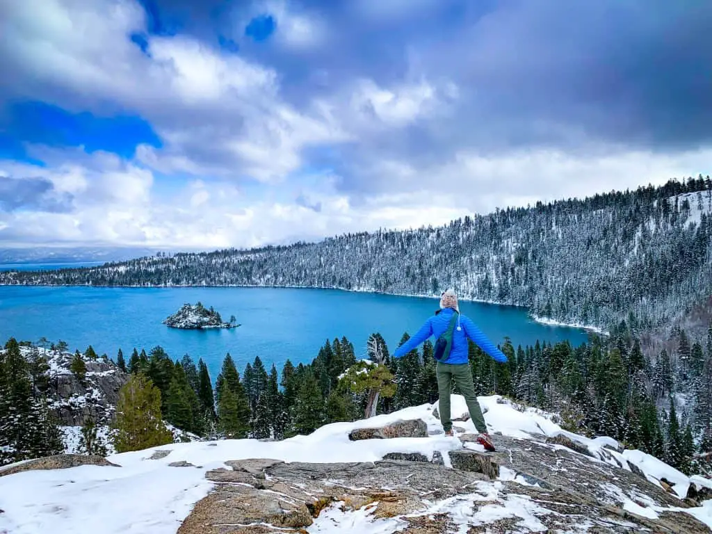 View of Emerald Bay and Lake Tahoe in the snow from the start of the Eagle Lake Trail, Lake Tahoe, California