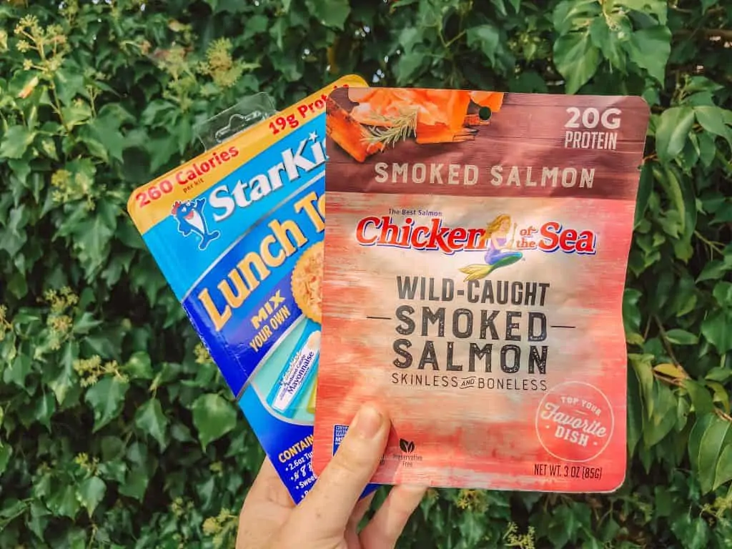 what to take on a short hike: food. Starkist tuns snack and salmon pouches