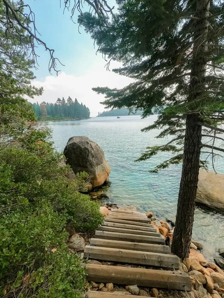 Staircase leading into the clear blue Lake Tahoe water