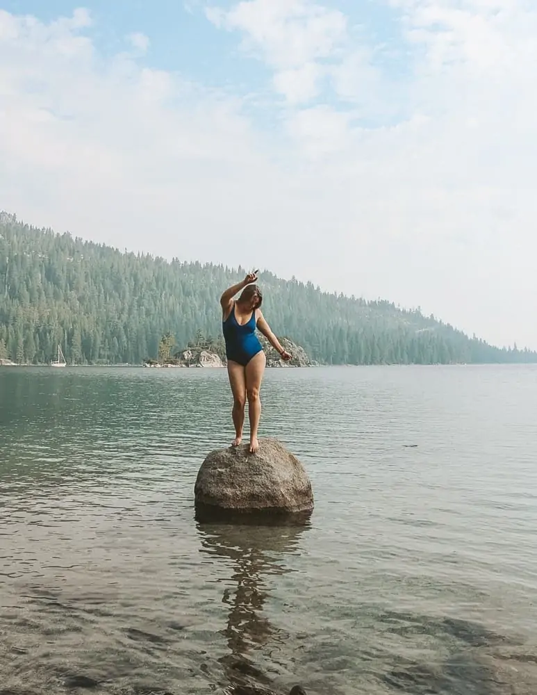 Me standing on a rock in the middle of Emerald Bay Lake Tahoe