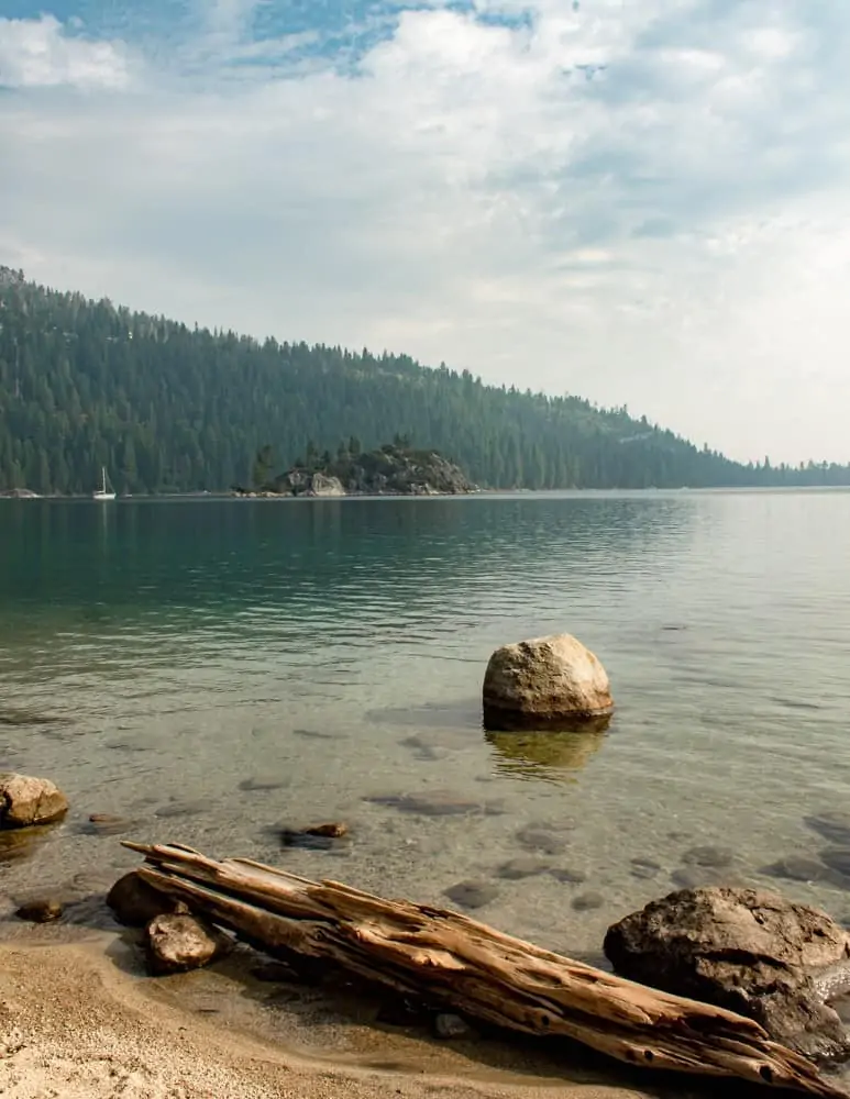 Hazy skies over Emerald Bay Lake Tahoe