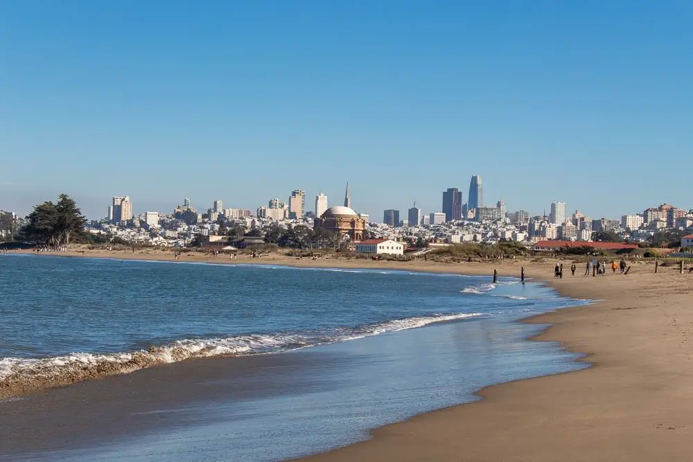 Crissy Beach with view of San Francisco Skyline