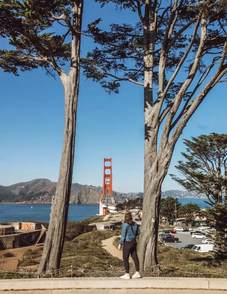Woman overlooking the Golden Gate Bridge in between two trees