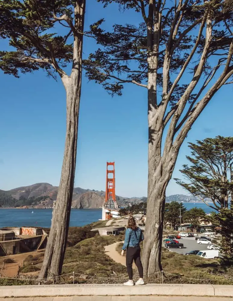 Woman overlooking the Golden Gate Bridge in between two trees