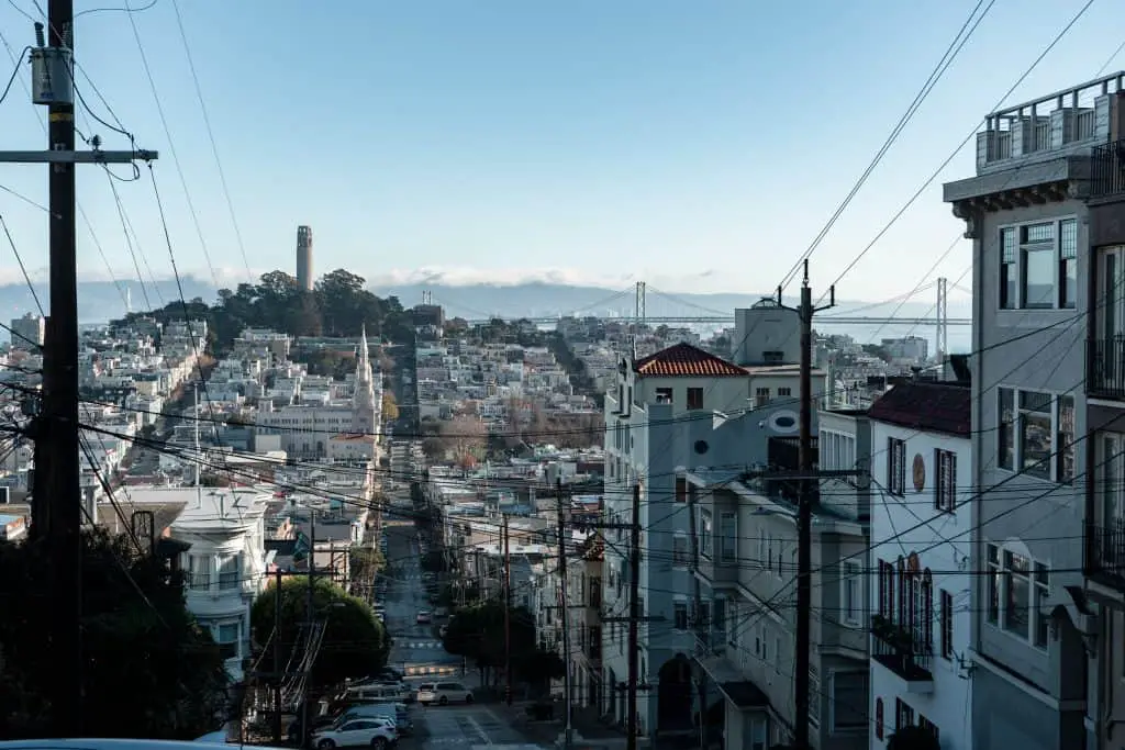 view of Coit Tower & Bay Bridge from Filbert & Hyde