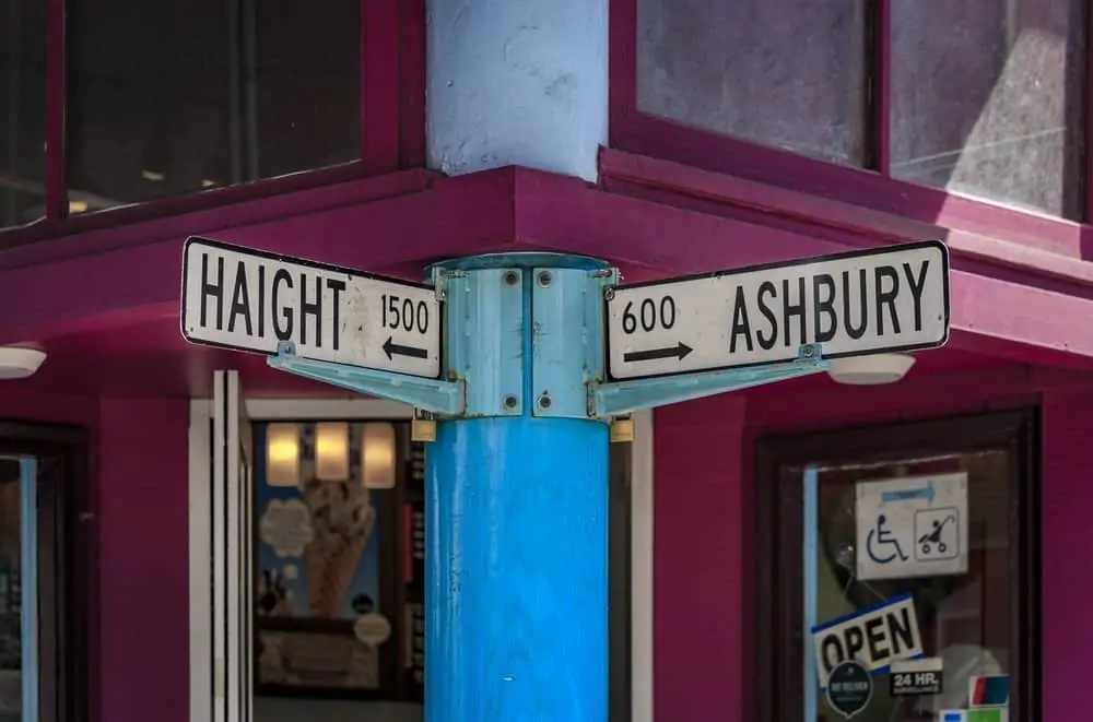 Haight Ashbury street intersection sign in the famous eclectic neighborhood, hippie area of San Francisco, California USA