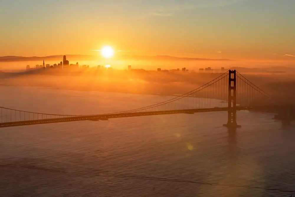 view fo the Golden Gate Bridge and San Francisco skyline from Battery Spencer