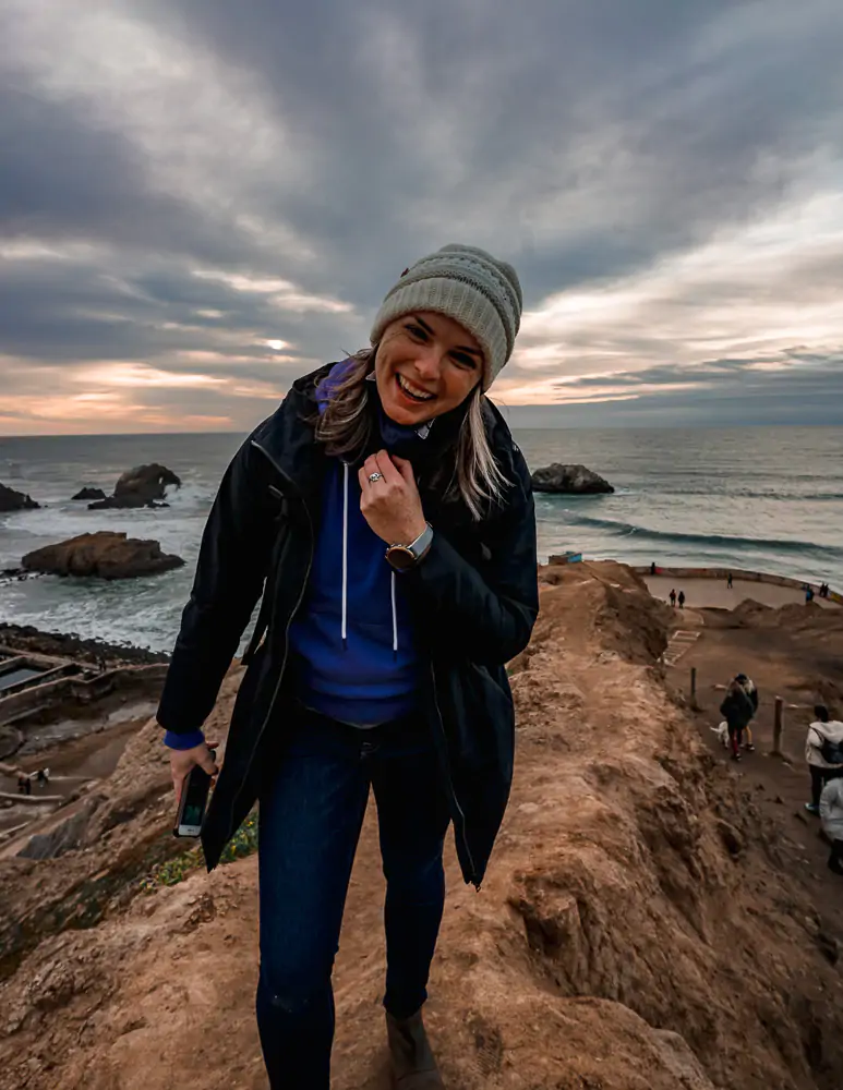 Smiling big at Lands End during sunset in San Francisco.