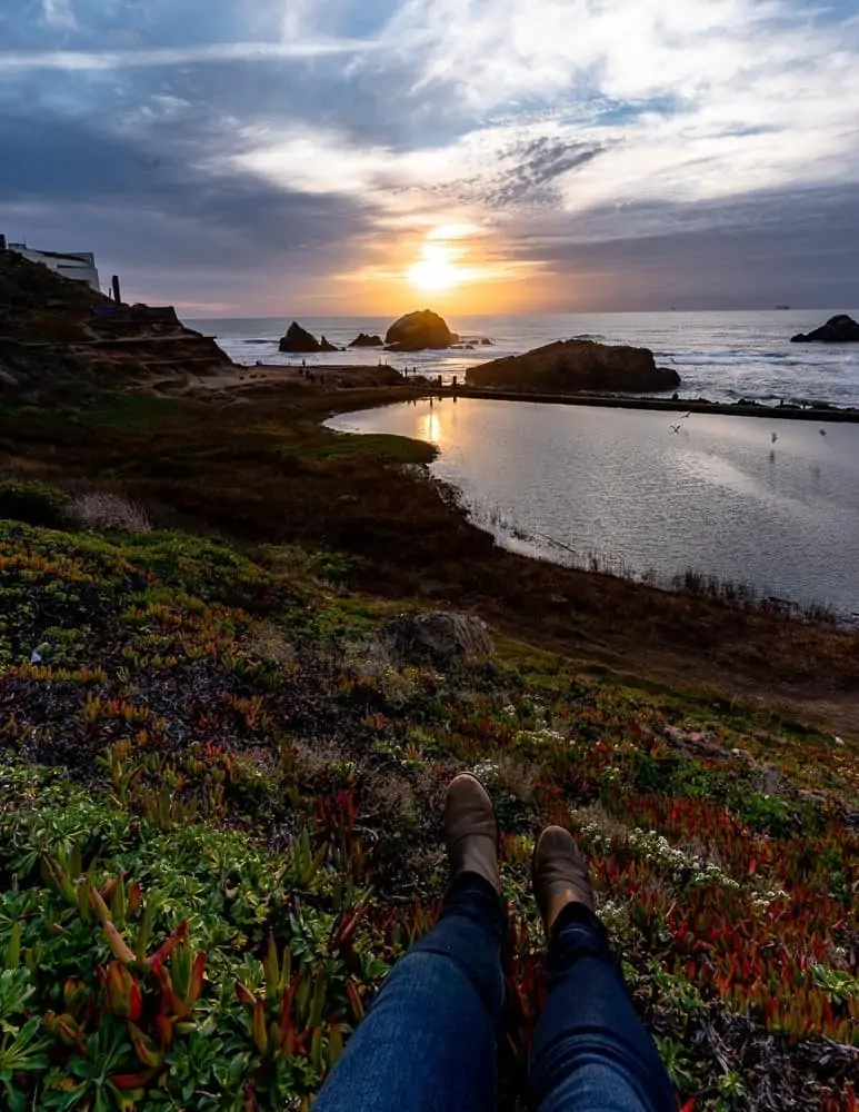 View of swimming bath ruin and Pacific Ocean at sunset - Sutro Baths San Francisco