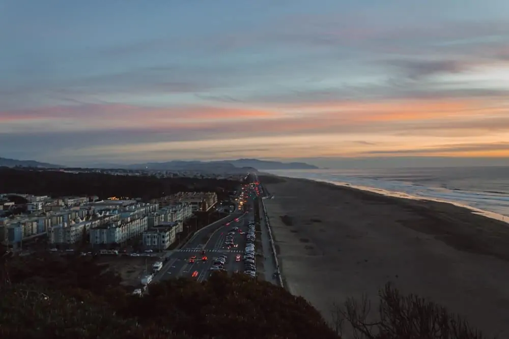View of the outer Richmond and Ocean Beach at sunset