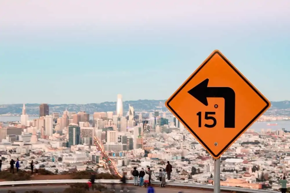 View of the San Francisco skyline at sunset from Twin Peaks.