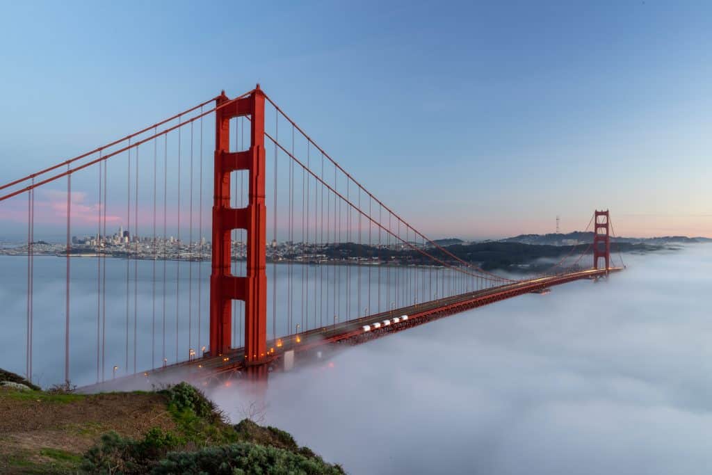 Golden Gate Bridge from Battery Spencer at sunset