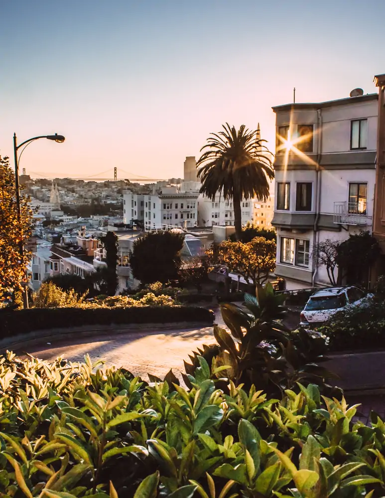 Lombard street at sunrise in San Francisco, California.