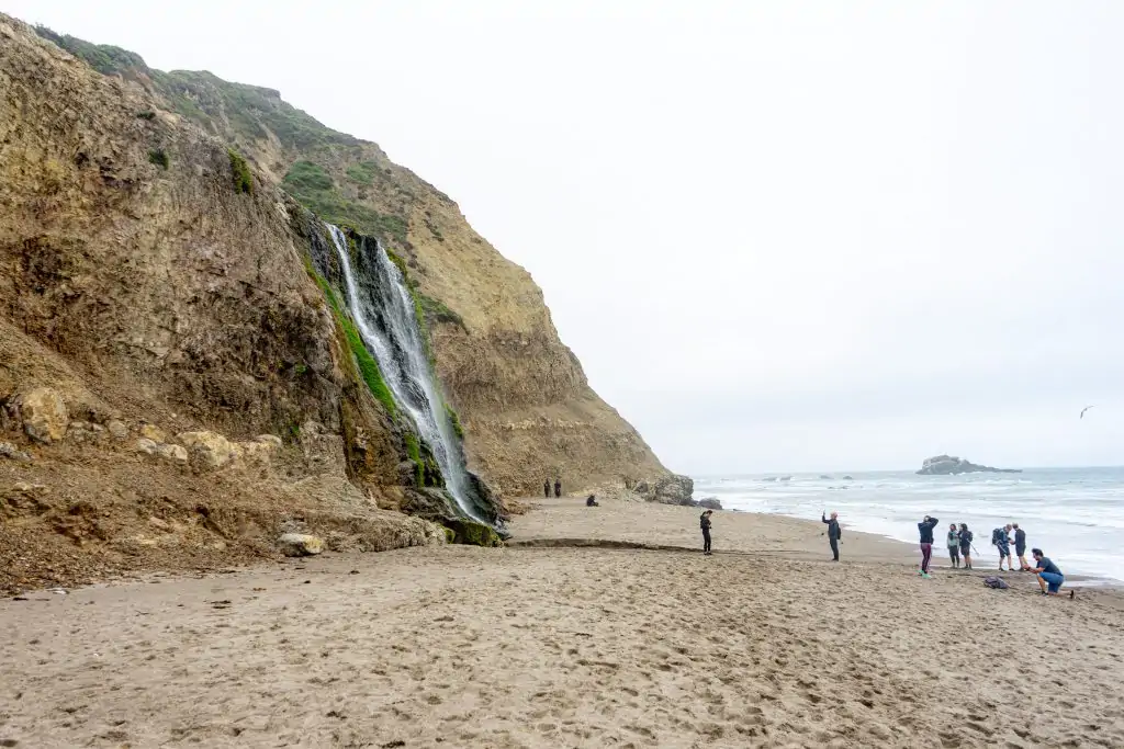 Alamere Falls waterfall cascading into the Pacific Ocean in Point Reyes National Seashore.