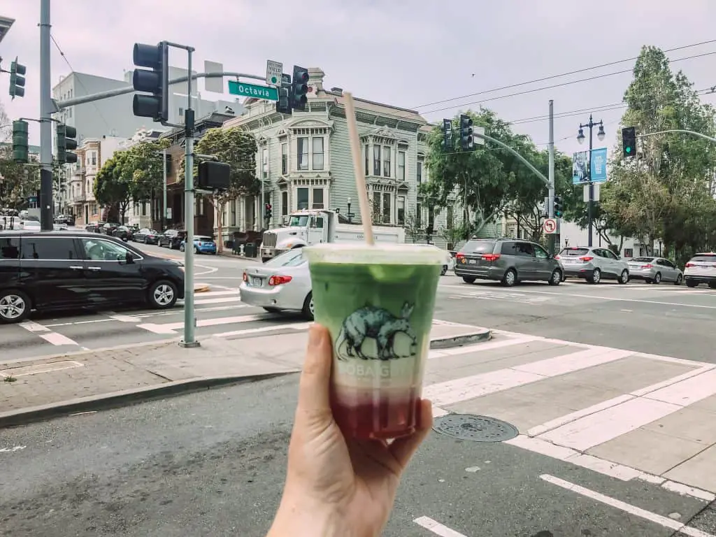 Strawberry matcha latte from Boba Guys in Hayes Valley.