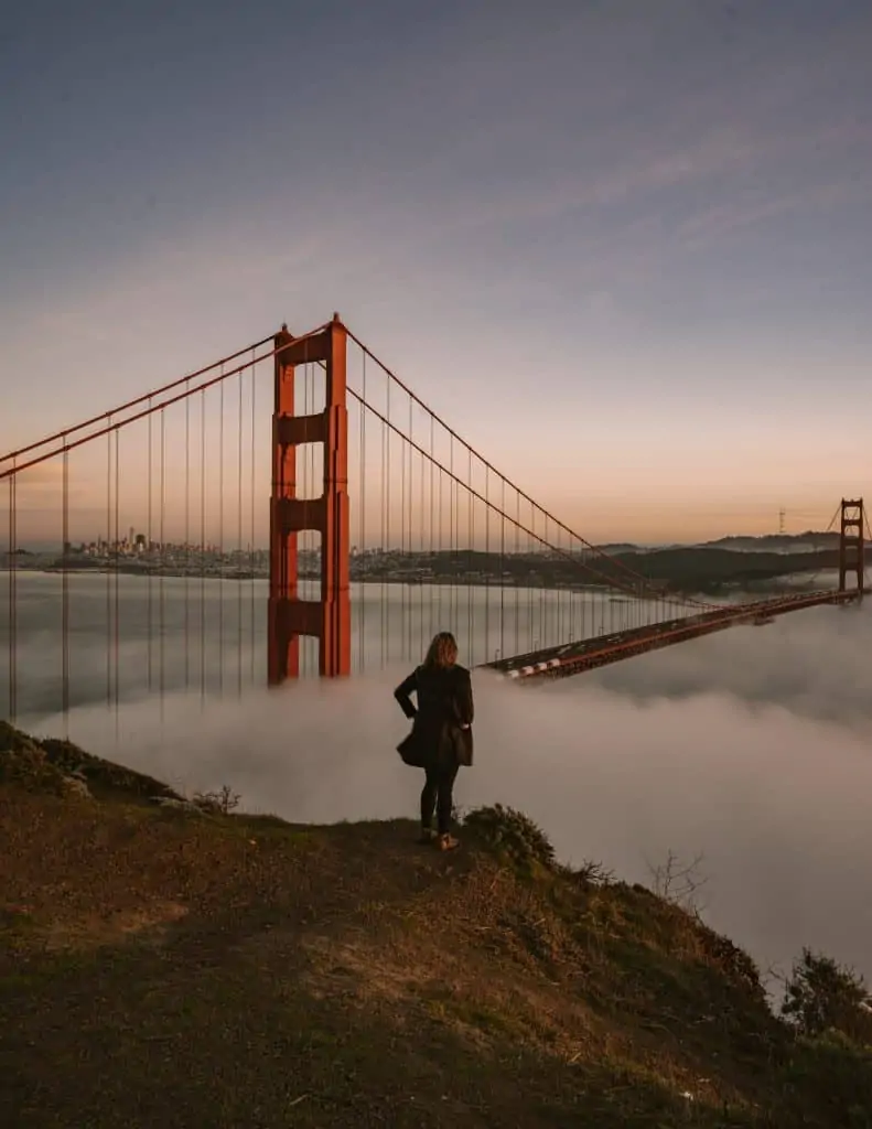 Sunset over the Golden Gate Bridge.