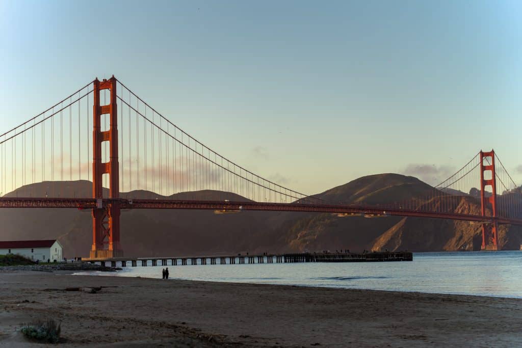 Sunset over the Golden Gate Bridge as seen from Crissy Field in the Presidio.