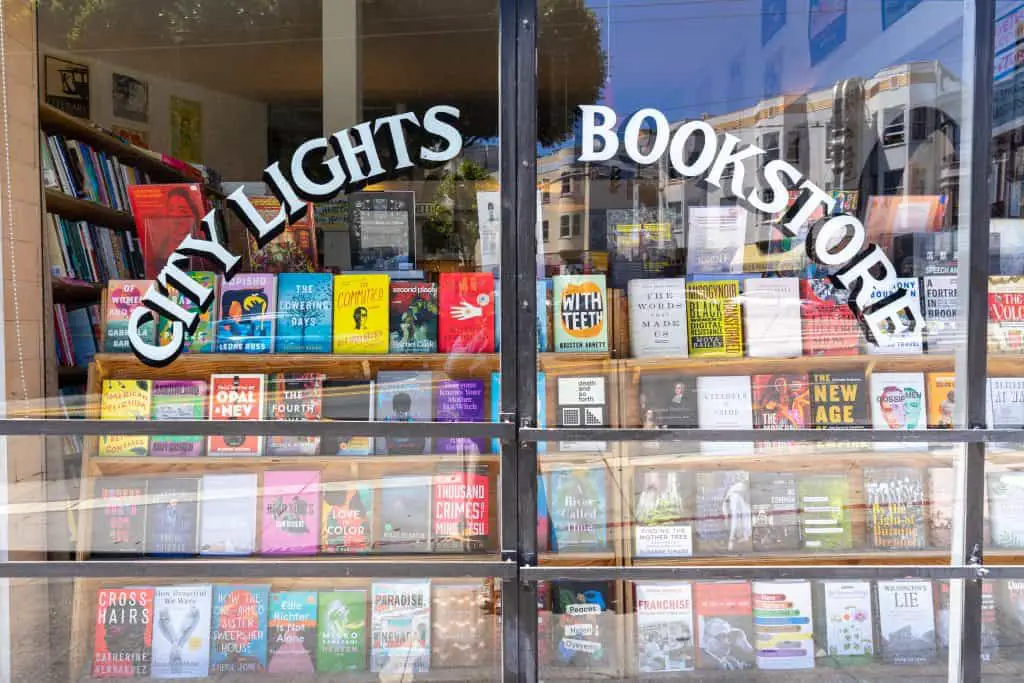 City Lights Bookstore window in North Beach San Francisco