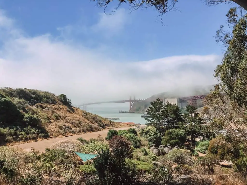 The Golden Gate Bridge a seen from a distance.