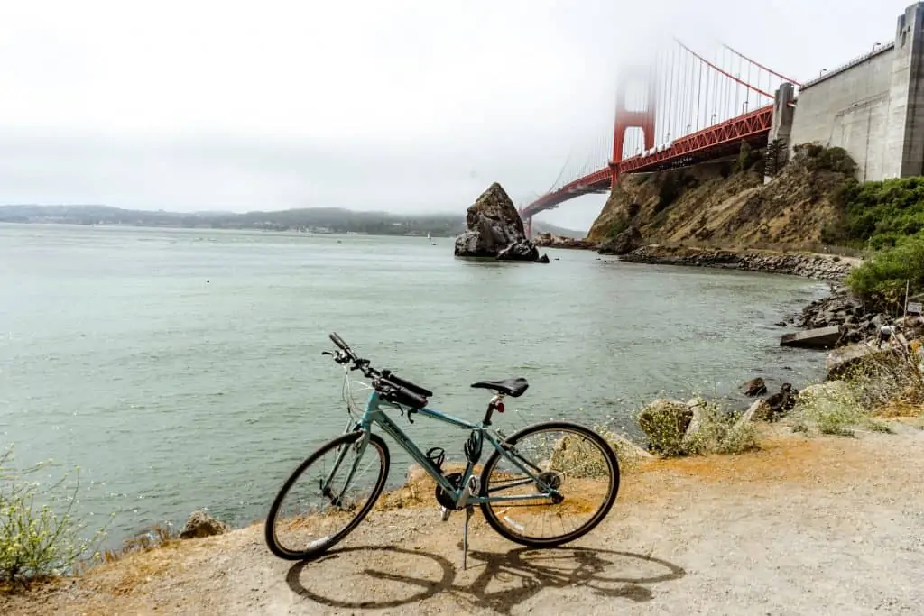Bike in front of the Golden Gate Bridge as seen from Fort Baker