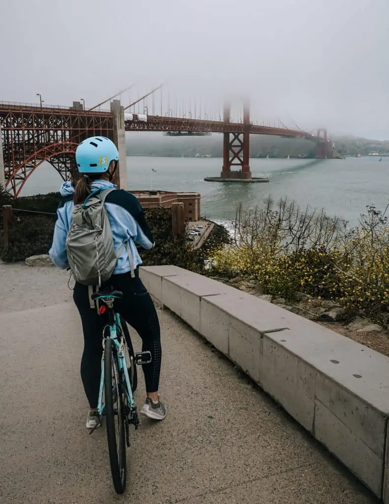 Riding a bike across the Golden Gate Bridge.