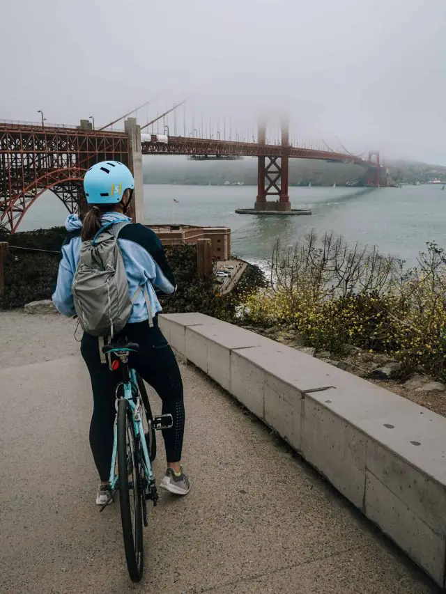 Biking across the Golden Gate Bridge in San Francisco, CA.