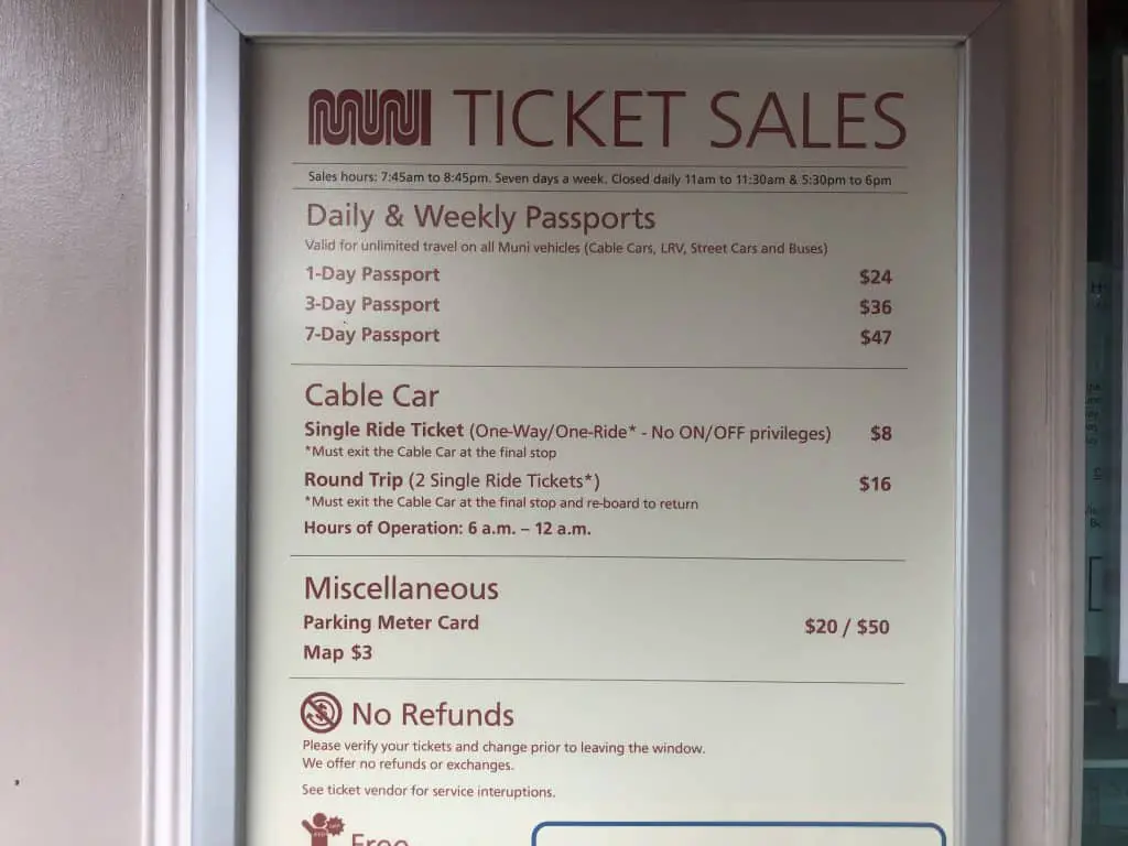 San Francisco cable car prices sign.
