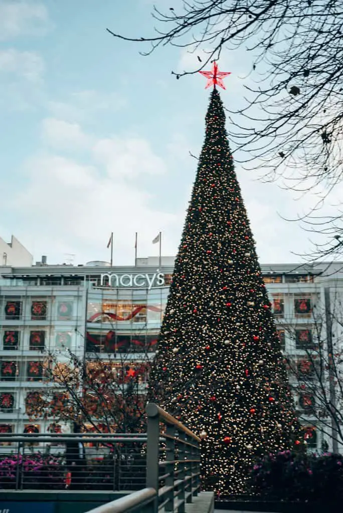 Union Square San Francisco Christmas Tree with Macy's in the background.