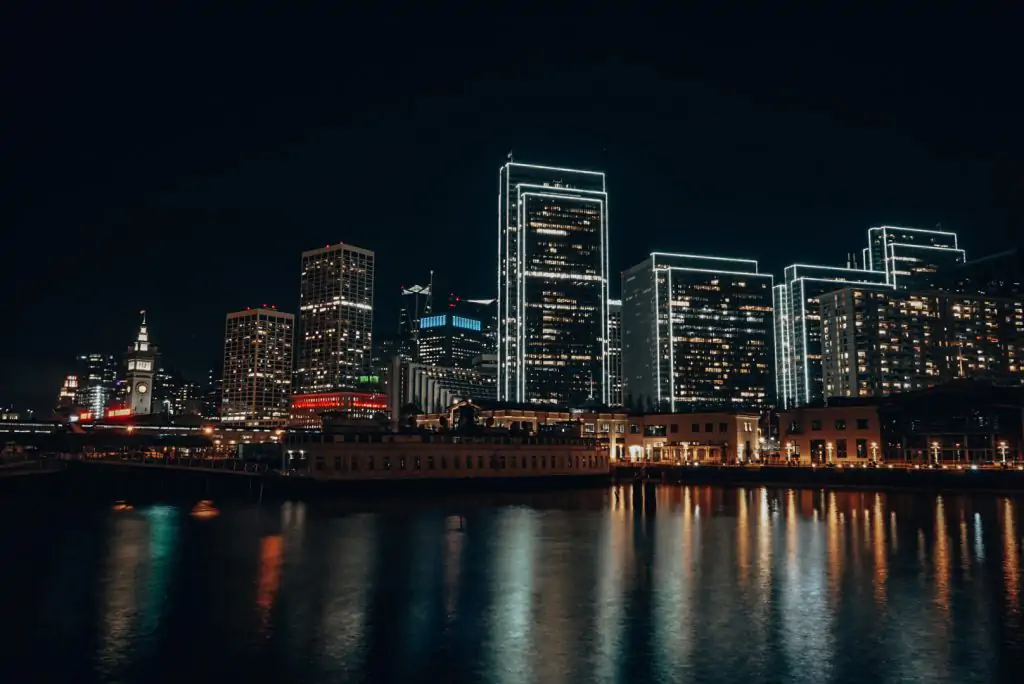 San Francisco skyline lit up during Christmas