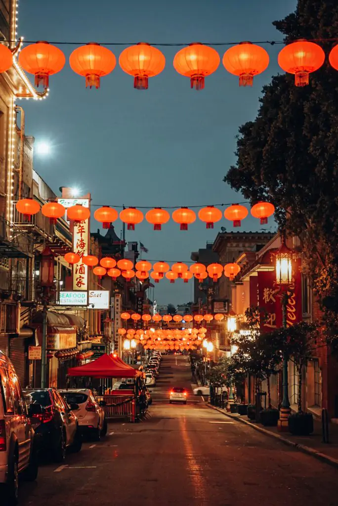 Chinese Lanterns strung across Grant Ave in San Francisco, CA