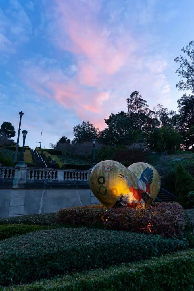 The heart in front of the Lyon Street Steps at Sunset in the Marina San Francisco, CA.