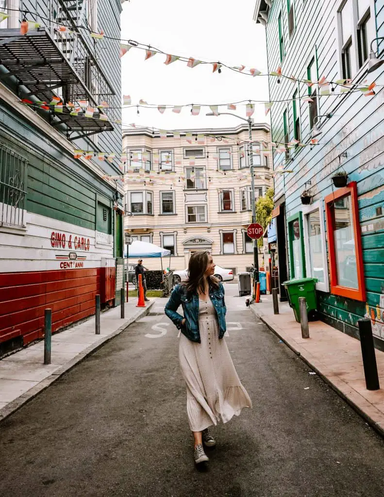 walking down Gino and Carlo alley in North Beach San Francisco