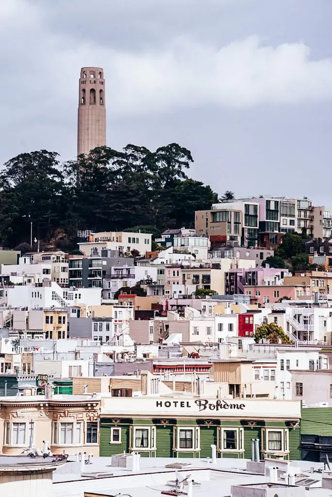 Coit Tower overlooking the homes of North Beach San Francisco. 