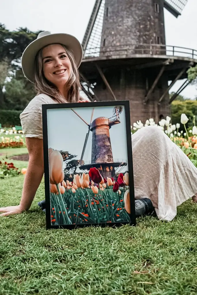 Me with a photo of the tulips blooming in front of the windmill in Golden Gate Park