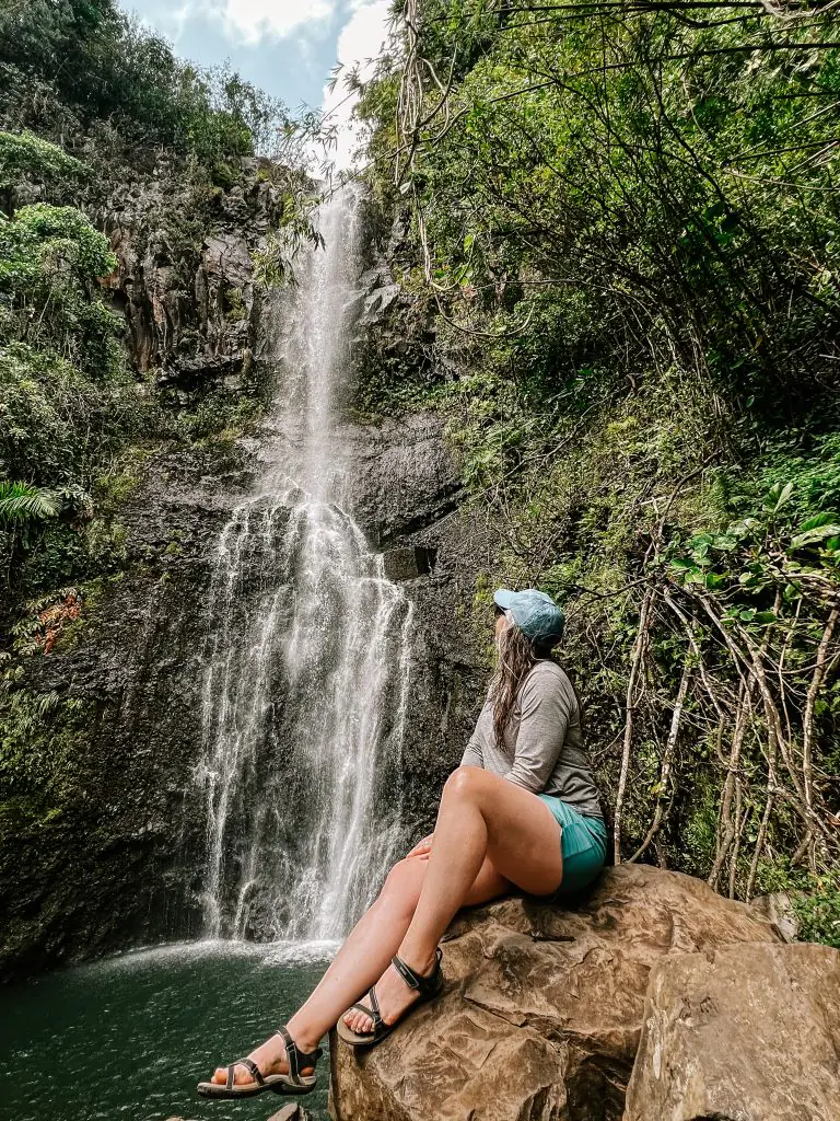 Enjoying the waterfall on the road to Hana in Maui.