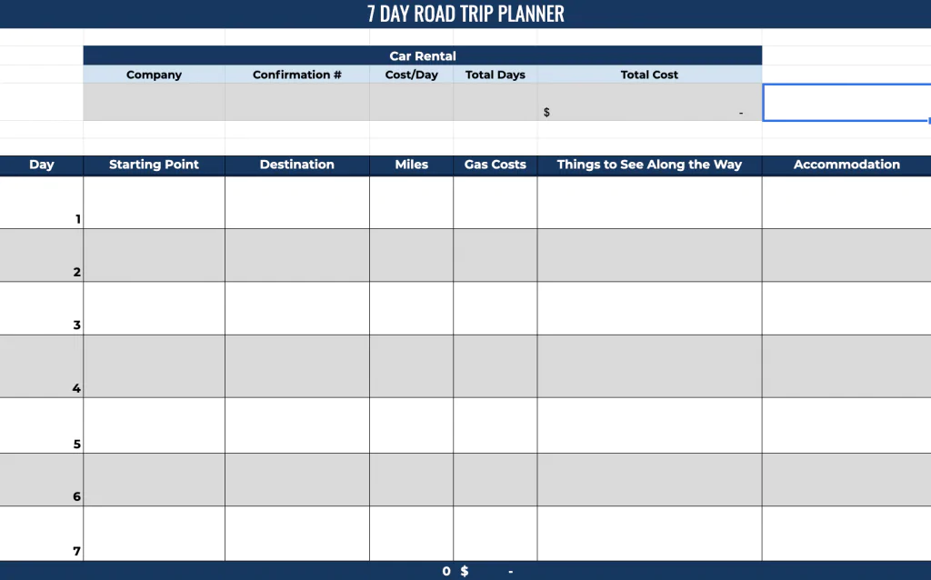 Road trip itinerary template
