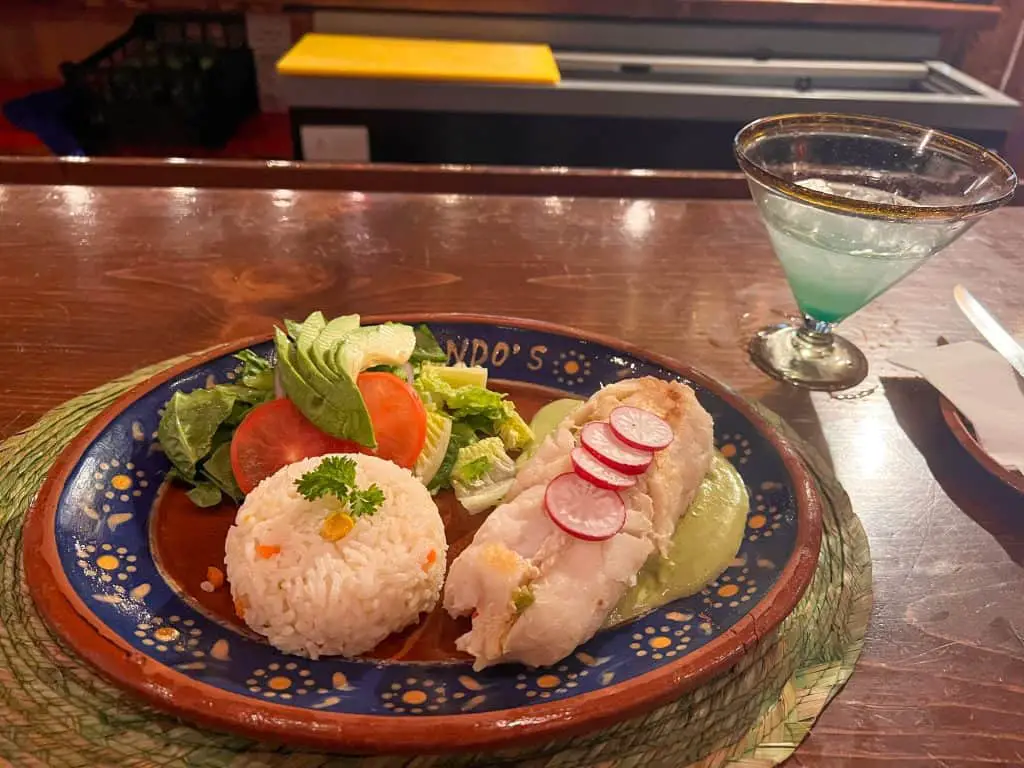 dinner of fresh sea bass and a margarita at Orlando's in Loreto, Mexico.